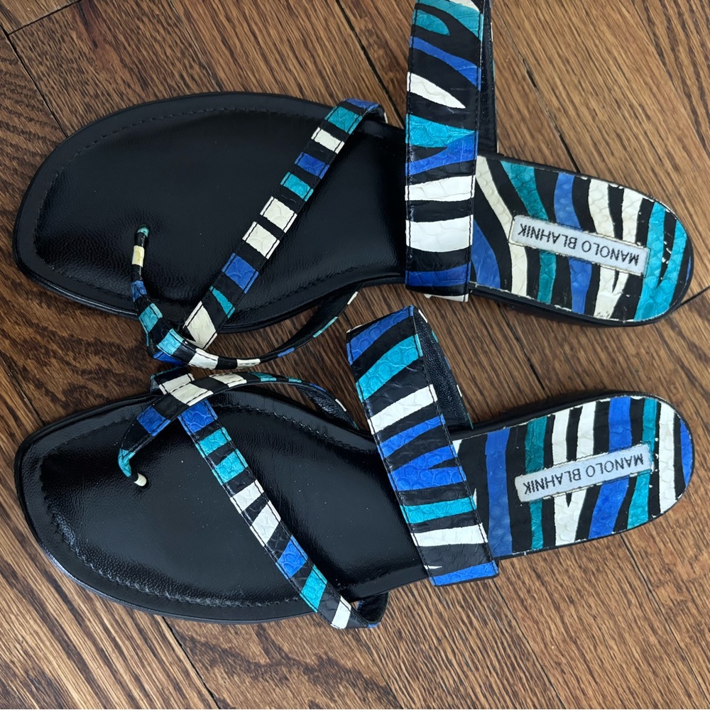 Manolo Blahnik Black and Blue Striped Women's Sandals